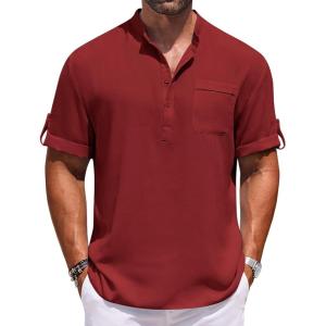 imageCOOFANDY Henley Shirts for Men Short Sleeve Band Collar Casual Shirt Summer Hippie Vacation Beach T Shirts with PocketWine Red