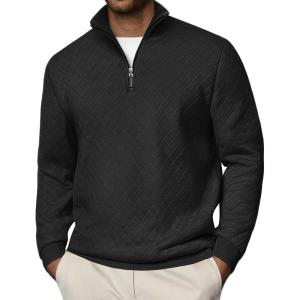 imageCOOFANDY Men Quarter Zip Pullover Long Sleeve Quilted Sweatshirt Waffle Casual Collared Sweatshirts Mock Neck Winter PoloBlack