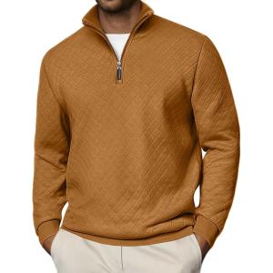 imageCOOFANDY Men Quarter Zip Pullover Long Sleeve Quilted Sweatshirt Waffle Casual Collared Sweatshirts Mock Neck Winter PoloLight Brown