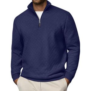 imageCOOFANDY Men Quarter Zip Pullover Long Sleeve Quilted Sweatshirt Waffle Casual Collared Sweatshirts Mock Neck Winter PoloNavy Blue