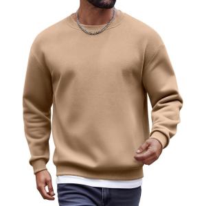 imageCOOFANDY Mens Fleece Crewneck Sweatshirt Cotton Long Sleeve Pullover Casual Thermal ShirtsKhaki