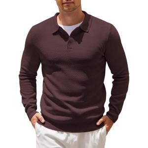imageCOOFANDY Mens Knit Polo Shirts Casual Long Sleeve Collared Pullover Sweaters Quarter Button Ribbed Vintage Polo SweaterBrownish Red