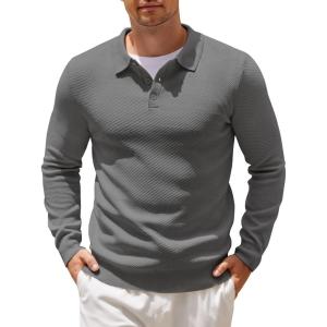 imageCOOFANDY Mens Knit Polo Shirts Casual Long Sleeve Collared Pullover Sweaters Quarter Button Ribbed Vintage Polo SweaterGray