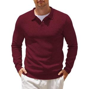 imageCOOFANDY Mens Knit Polo Shirts Casual Long Sleeve Collared Pullover Sweaters Quarter Button Ribbed Vintage Polo SweaterWine Red