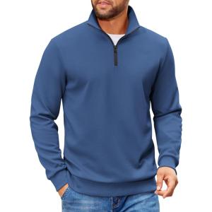 imageCOOFANDY Mens Quarter Zip Pullover Sweatshirts Lightweight Long Sleeve Mock Neck Sweater PoloSlate Blue