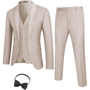 imageCOOFANDY Mens 3 Pieces Suit Slim Fit Tuxedo Set One Button Shawl Lapel Dinner Prom Jacket Vest Pants with TieBeige