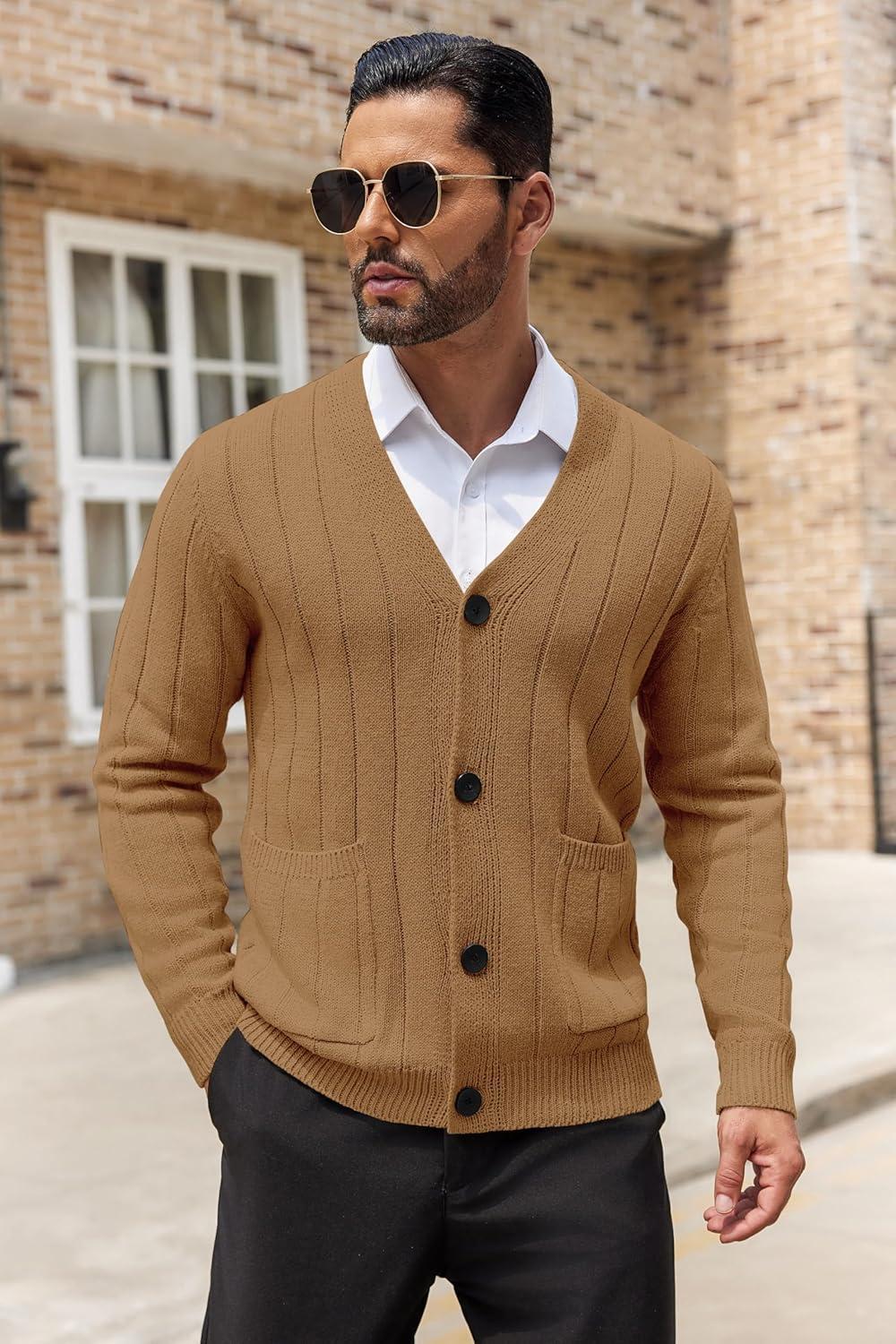 imageCOOFANDY Mens Cardigan Sweater Cable Knit V Neck Button up Sweaters Ribbed Cardigan Sweater with PocketsCaramel