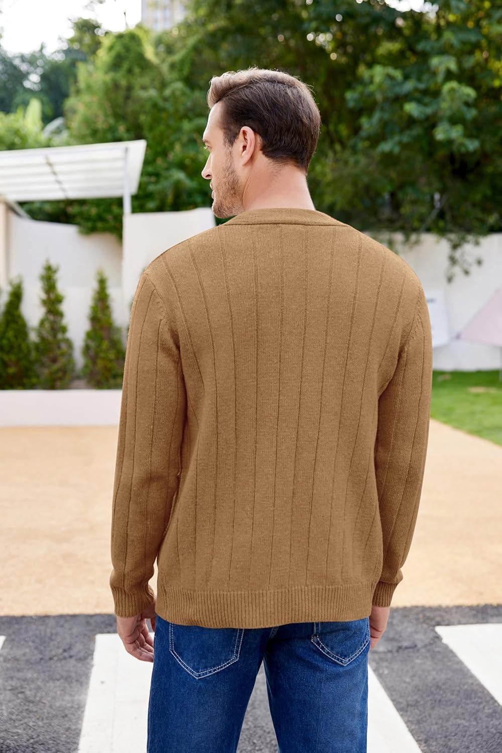 imageCOOFANDY Mens Cardigan Sweater Cable Knit V Neck Button up Sweaters Ribbed Cardigan Sweater with PocketsCaramel