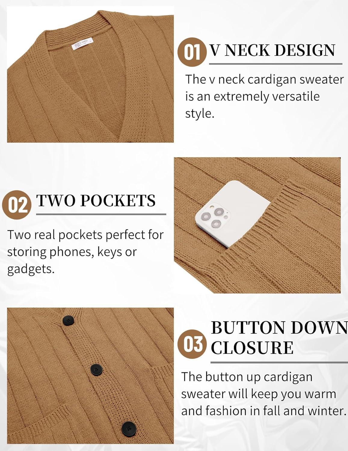 imageCOOFANDY Mens Cardigan Sweater Cable Knit V Neck Button up Sweaters Ribbed Cardigan Sweater with PocketsCaramel