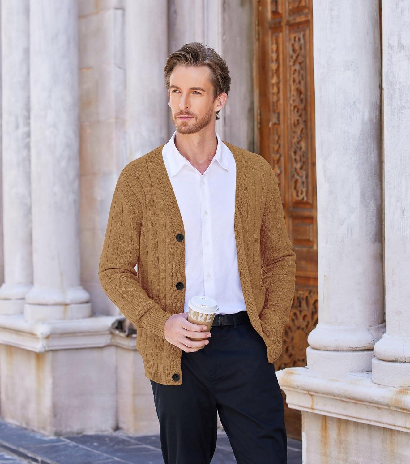 imageCOOFANDY Mens Cardigan Sweater Cable Knit V Neck Button up Sweaters Ribbed Cardigan Sweater with PocketsCaramel