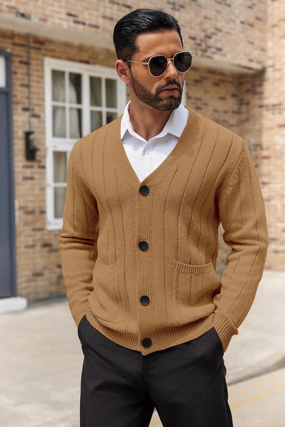 imageCOOFANDY Mens Cardigan Sweater Cable Knit V Neck Button up Sweaters Ribbed Cardigan Sweater with PocketsCaramel