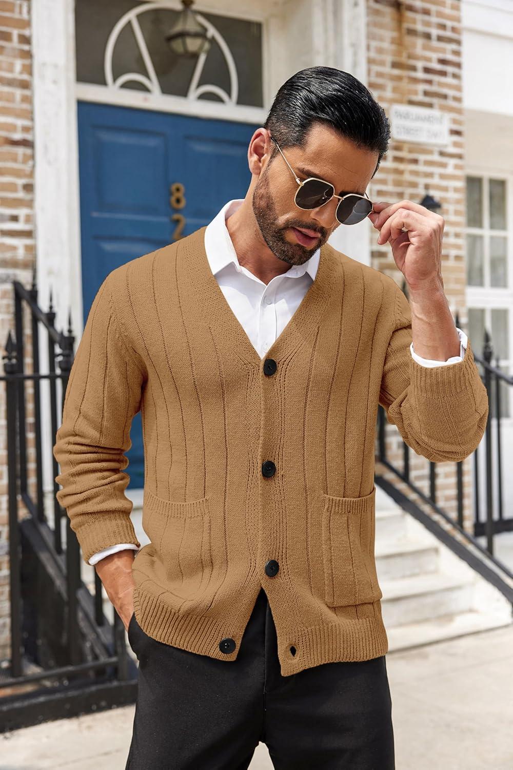 imageCOOFANDY Mens Cardigan Sweater Cable Knit V Neck Button up Sweaters Ribbed Cardigan Sweater with PocketsCaramel