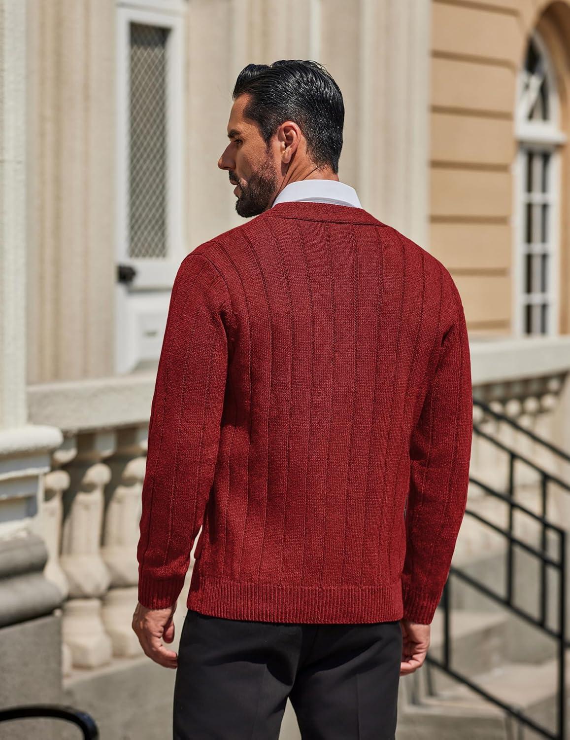imageCOOFANDY Mens Cardigan Sweater Cable Knit V Neck Button up Sweaters Ribbed Cardigan Sweater with PocketsRed