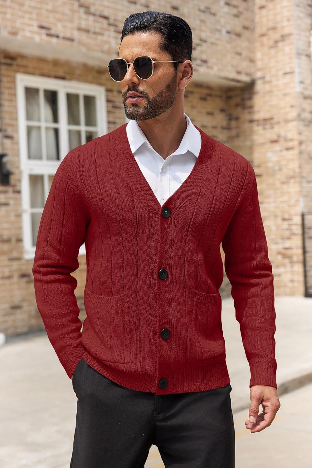 imageCOOFANDY Mens Cardigan Sweater Cable Knit V Neck Button up Sweaters Ribbed Cardigan Sweater with PocketsRed