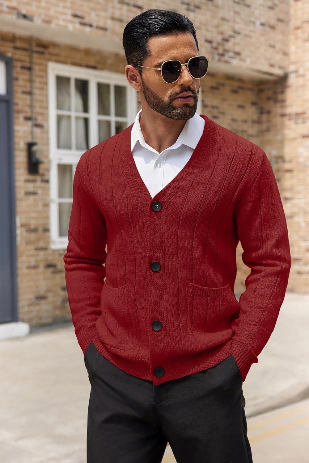 imageCOOFANDY Mens Cardigan Sweater Cable Knit V Neck Button up Sweaters Ribbed Cardigan Sweater with PocketsRed