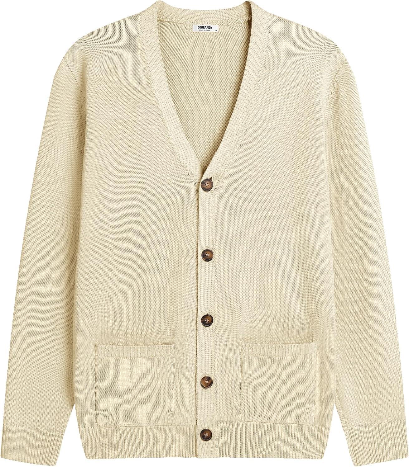 imageCOOFANDY Mens Cardigan Sweater Long Sleeve Casual V Neck Button Down Knitted Sweater with PocketsCream