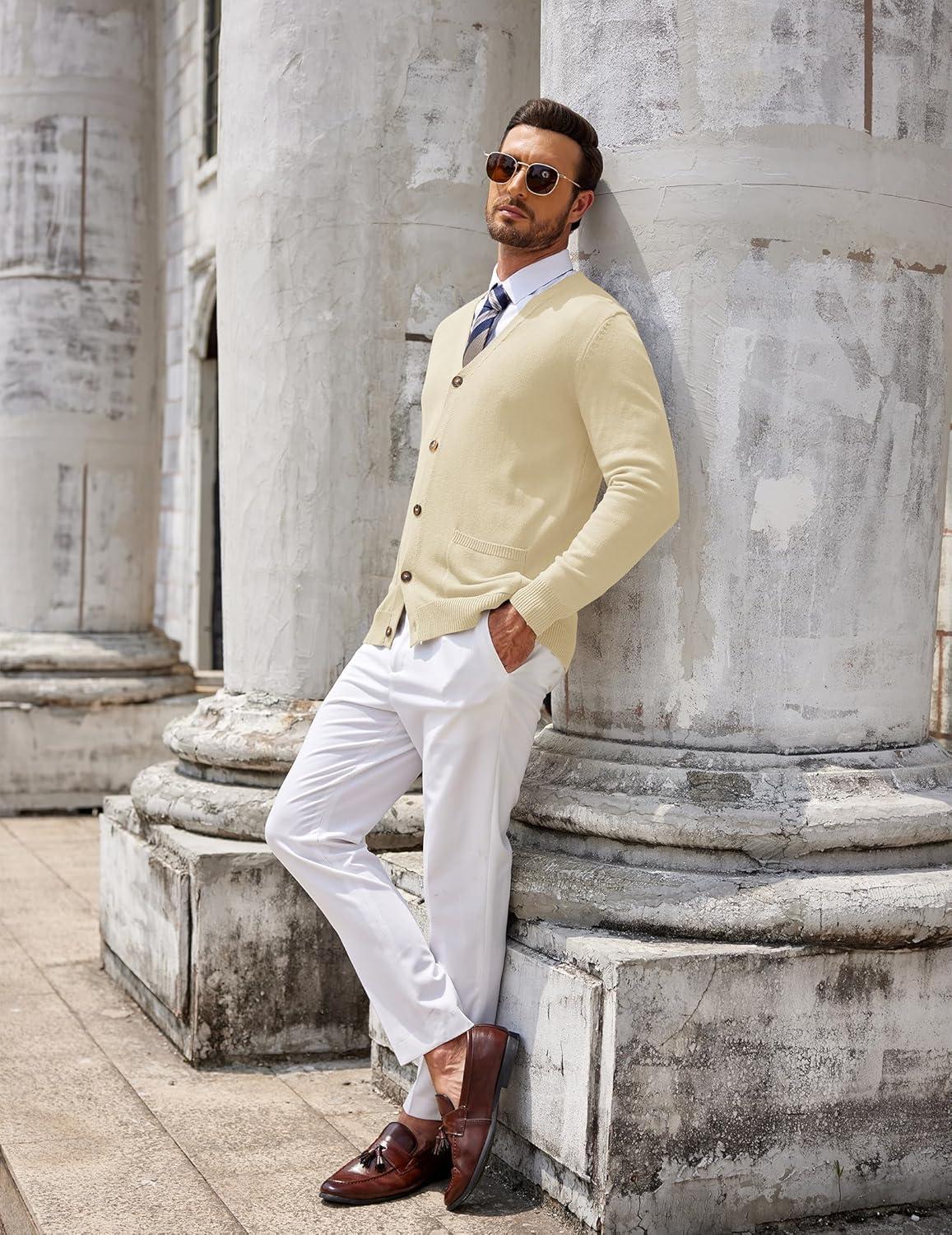 imageCOOFANDY Mens Cardigan Sweater Long Sleeve Casual V Neck Button Down Knitted Sweater with PocketsCream