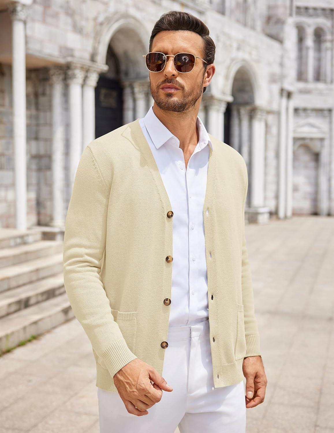 imageCOOFANDY Mens Cardigan Sweater Long Sleeve Casual V Neck Button Down Knitted Sweater with PocketsCream
