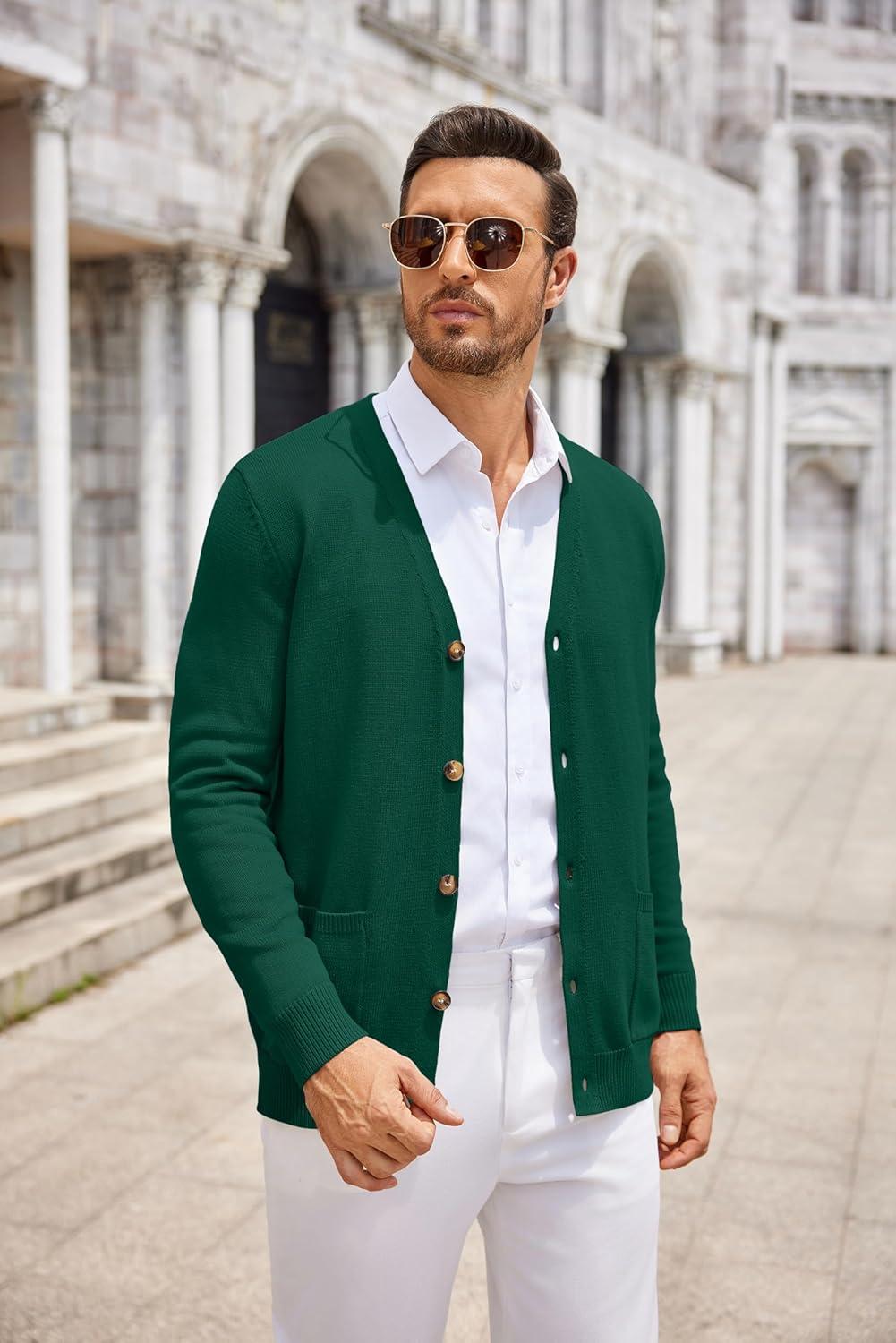 imageCOOFANDY Mens Cardigan Sweater Long Sleeve Casual V Neck Button Down Knitted Sweater with PocketsDark Green