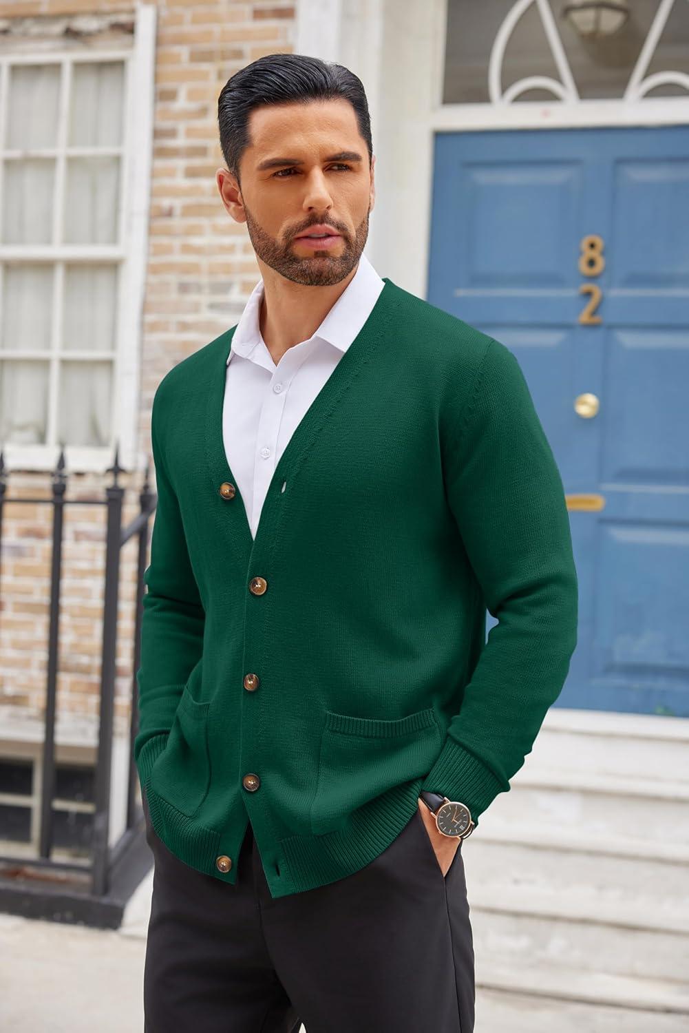 imageCOOFANDY Mens Cardigan Sweater Long Sleeve Casual V Neck Button Down Knitted Sweater with PocketsDark Green