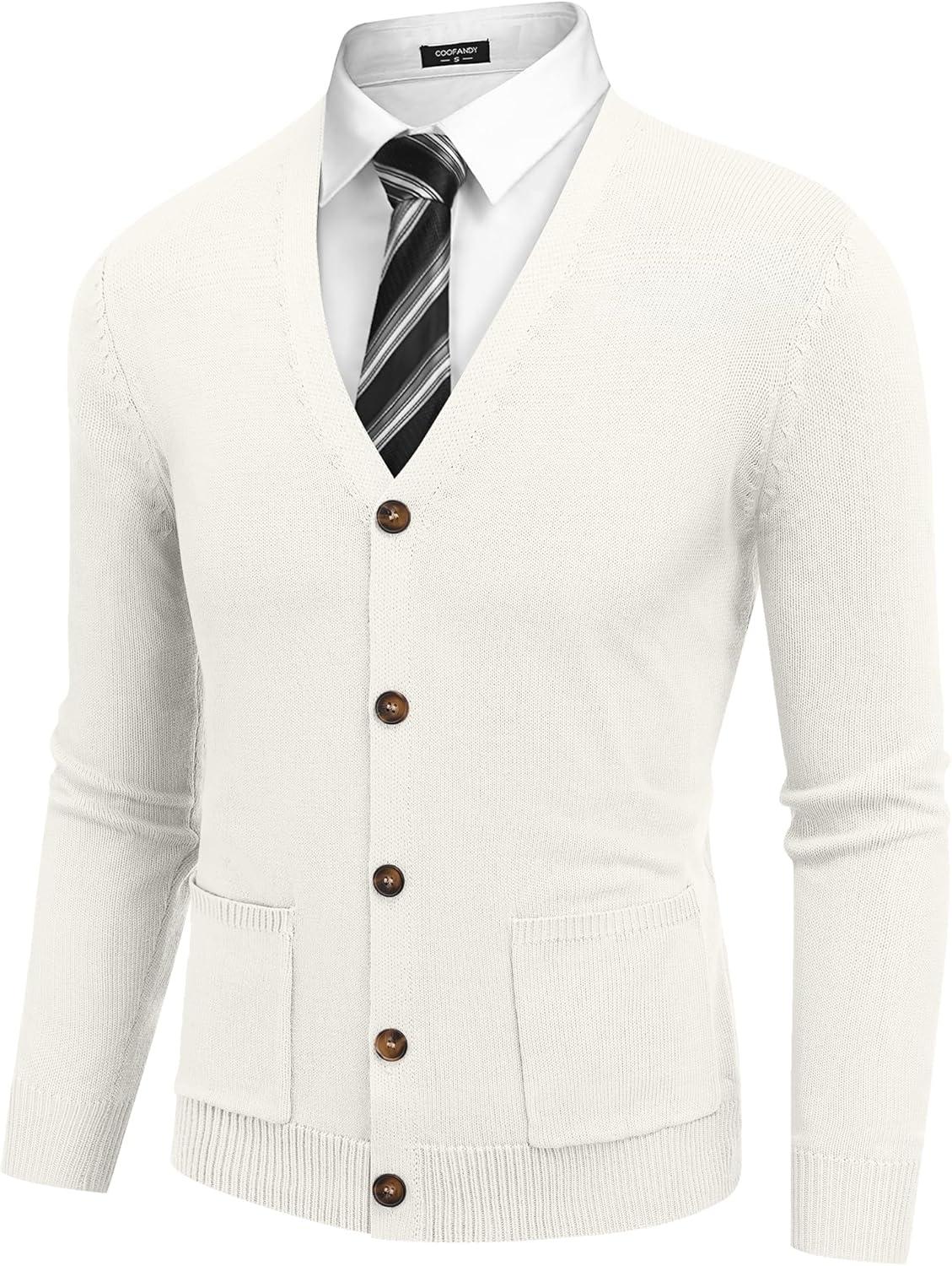 imageCOOFANDY Mens Cardigan Sweater Long Sleeve Casual V Neck Button Down Knitted Sweater with PocketsIvory