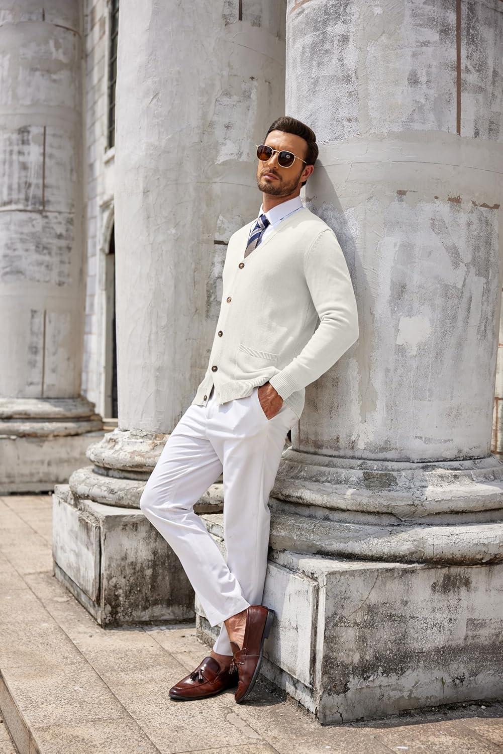 imageCOOFANDY Mens Cardigan Sweater Long Sleeve Casual V Neck Button Down Knitted Sweater with PocketsIvory