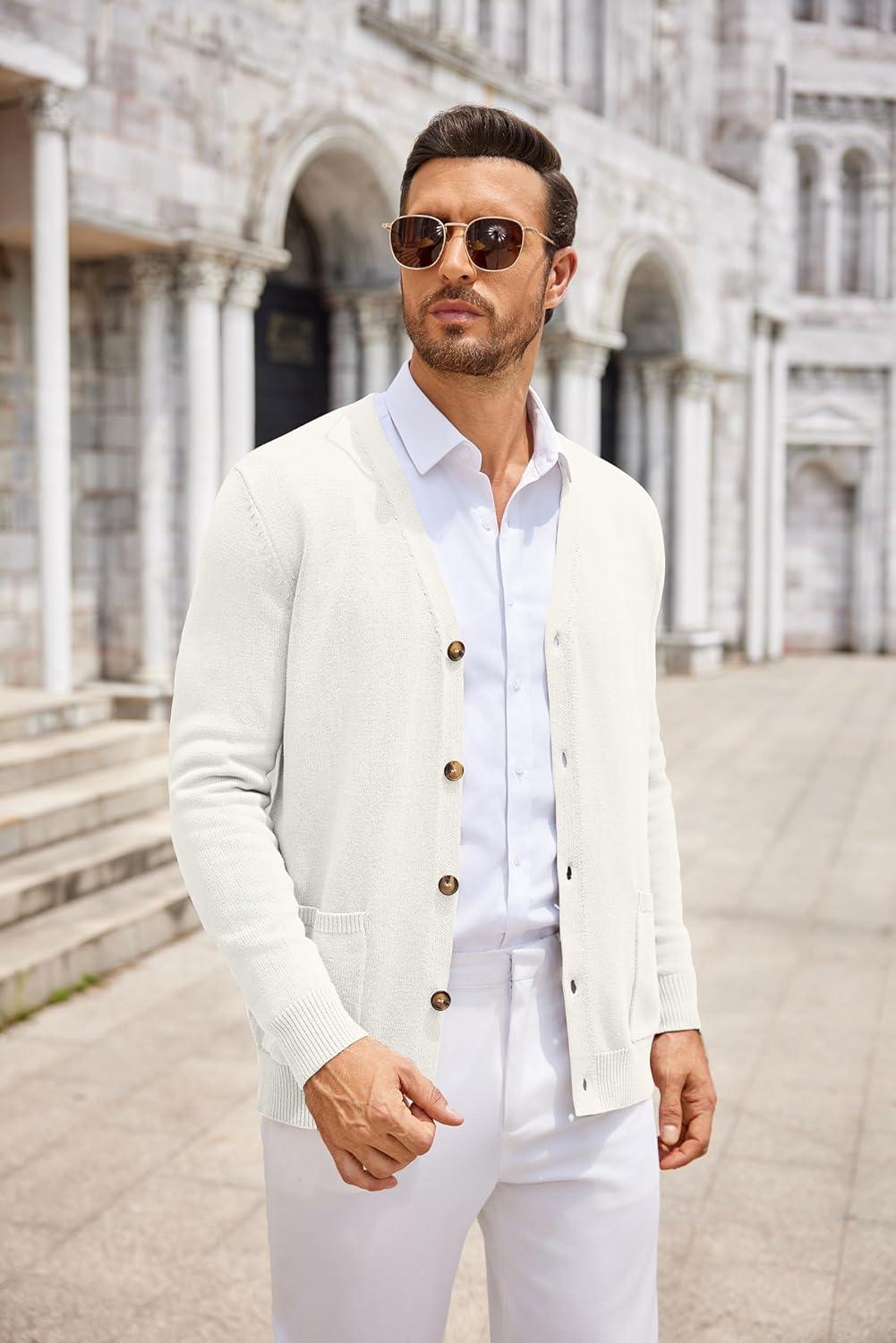 imageCOOFANDY Mens Cardigan Sweater Long Sleeve Casual V Neck Button Down Knitted Sweater with PocketsIvory