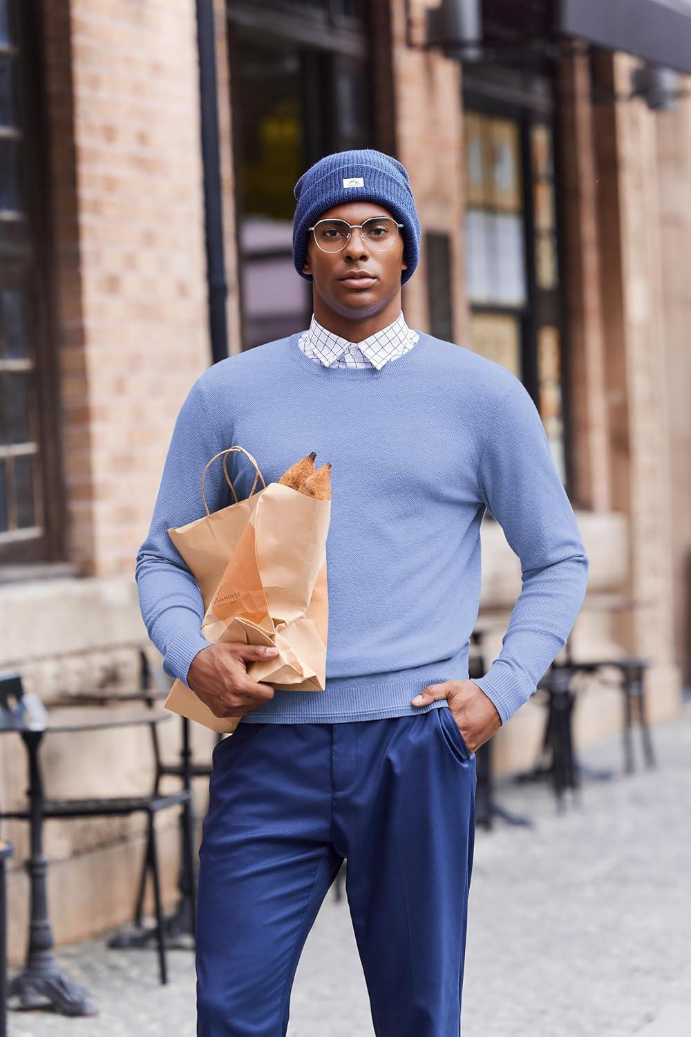 imageCOOFANDY Mens Crew Neck Sweaters Long Sleeve Lightweight Knit Dress Pullover SweatersClear Blue