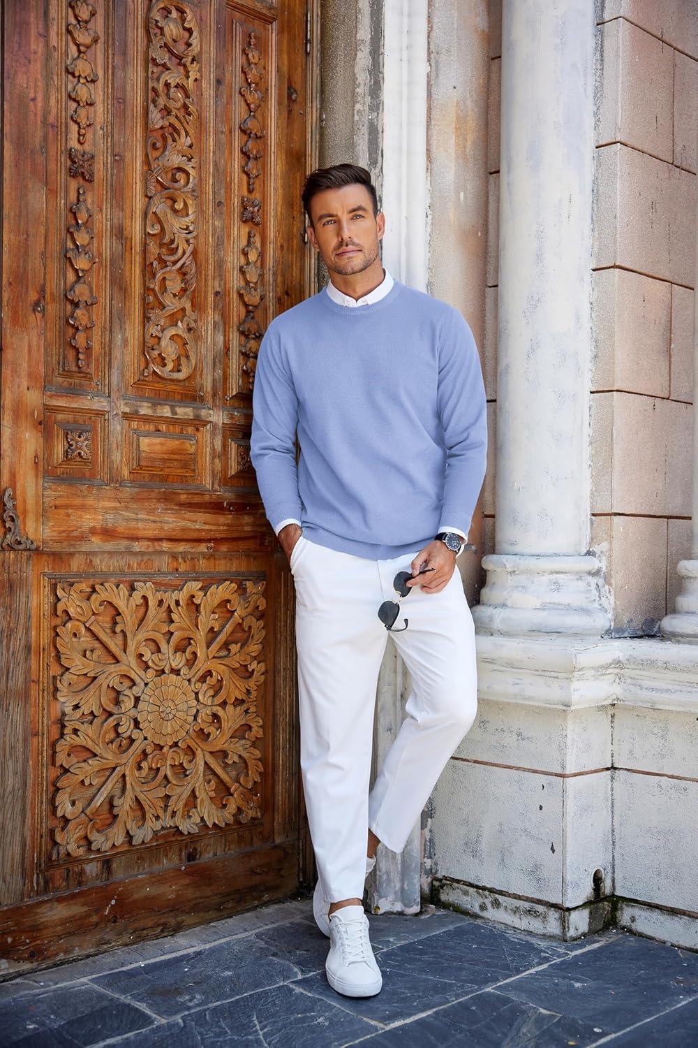 imageCOOFANDY Mens Crew Neck Sweaters Long Sleeve Lightweight Knit Dress Pullover SweatersClear Blue