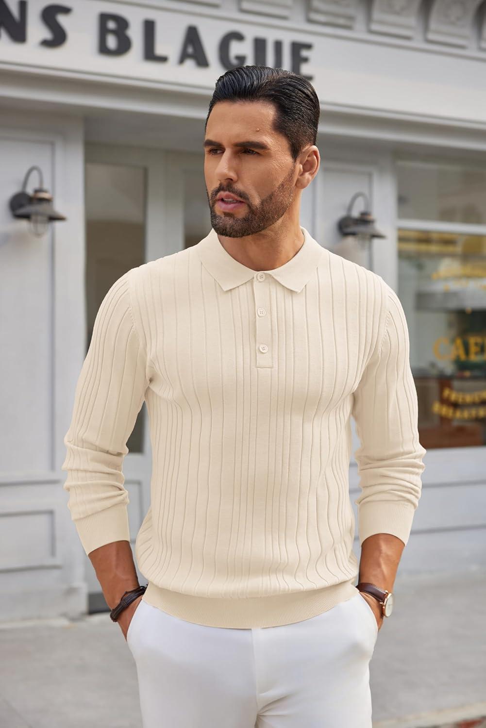 imageCOOFANDY Mens Knit Polo Shirts Long Sleeve Casual Button Down Ribbed Polo Shirt Fashion Golf ShirtsBeige