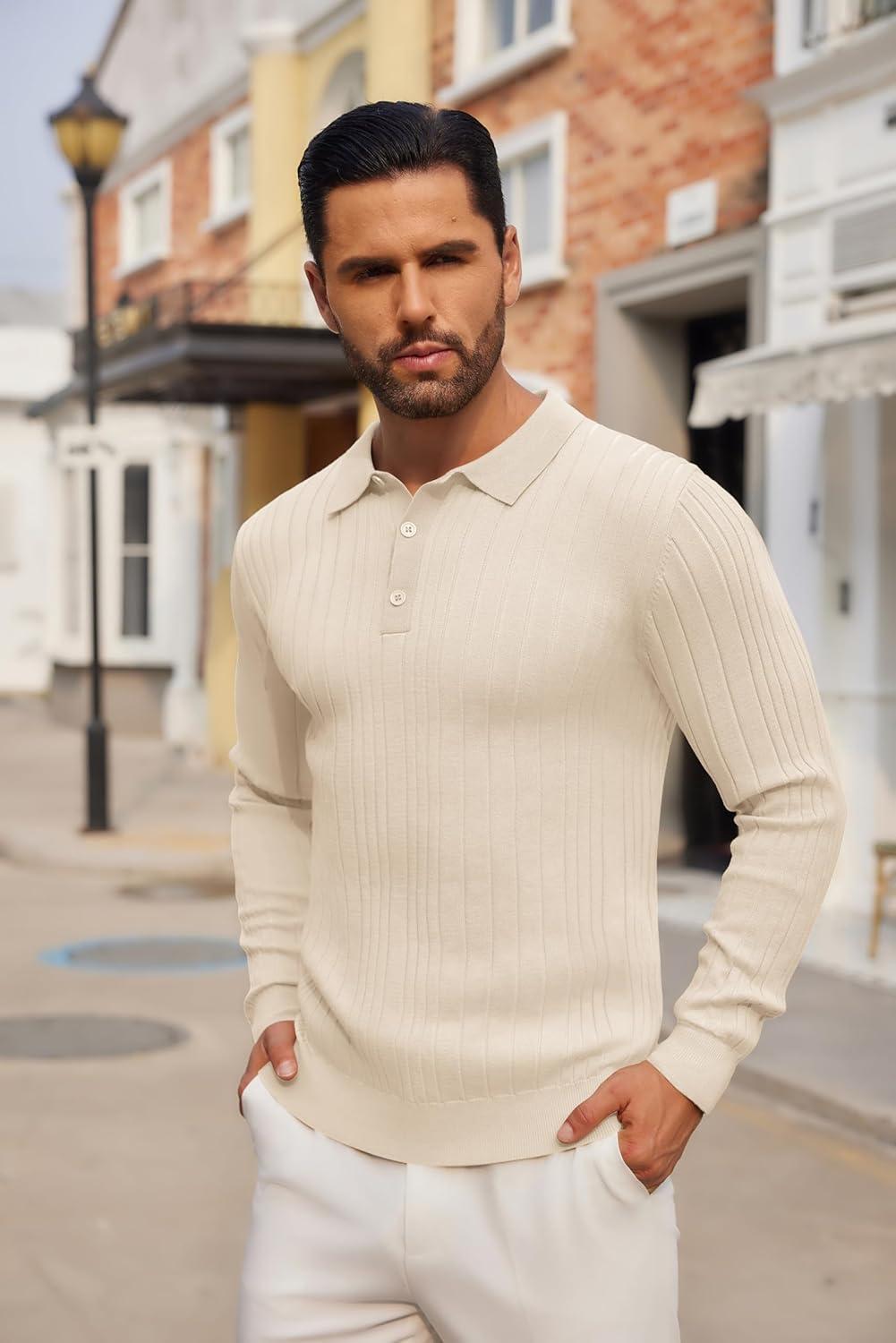 imageCOOFANDY Mens Knit Polo Shirts Long Sleeve Casual Button Down Ribbed Polo Shirt Fashion Golf ShirtsBeige