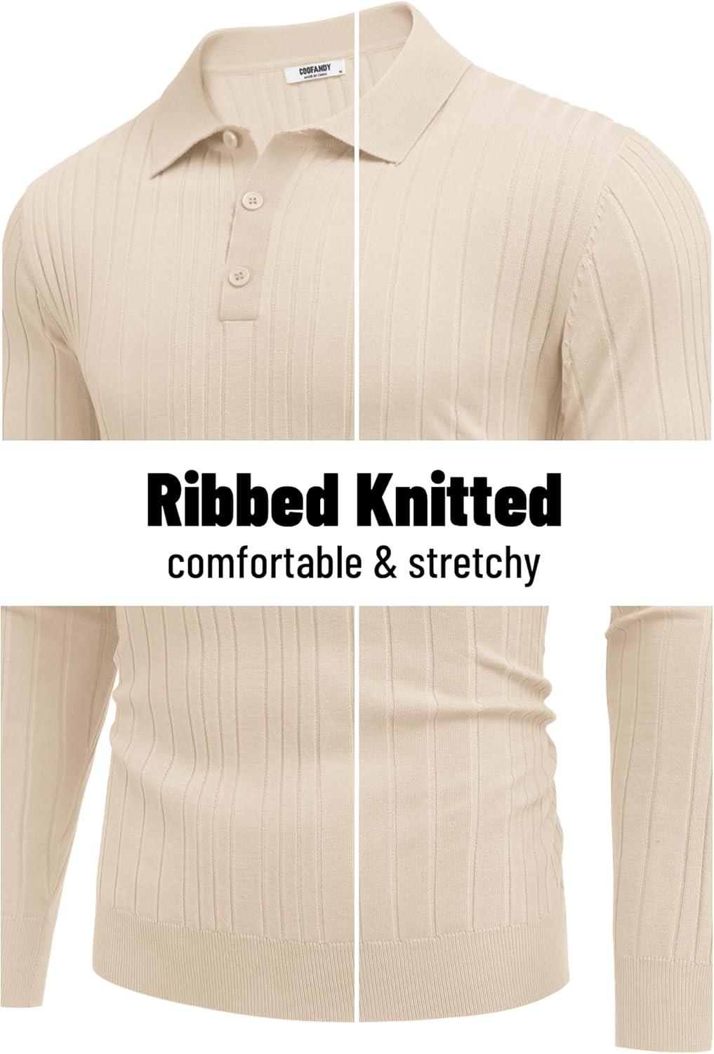 imageCOOFANDY Mens Knit Polo Shirts Long Sleeve Casual Button Down Ribbed Polo Shirt Fashion Golf ShirtsBeige