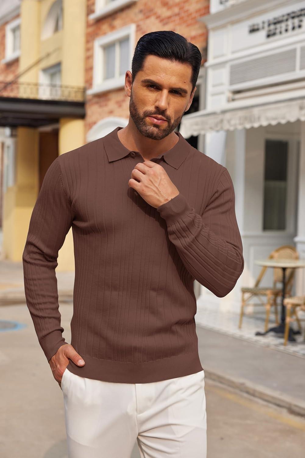 imageCOOFANDY Mens Knit Polo Shirts Long Sleeve Casual Button Down Ribbed Polo Shirt Fashion Golf ShirtsBrown
