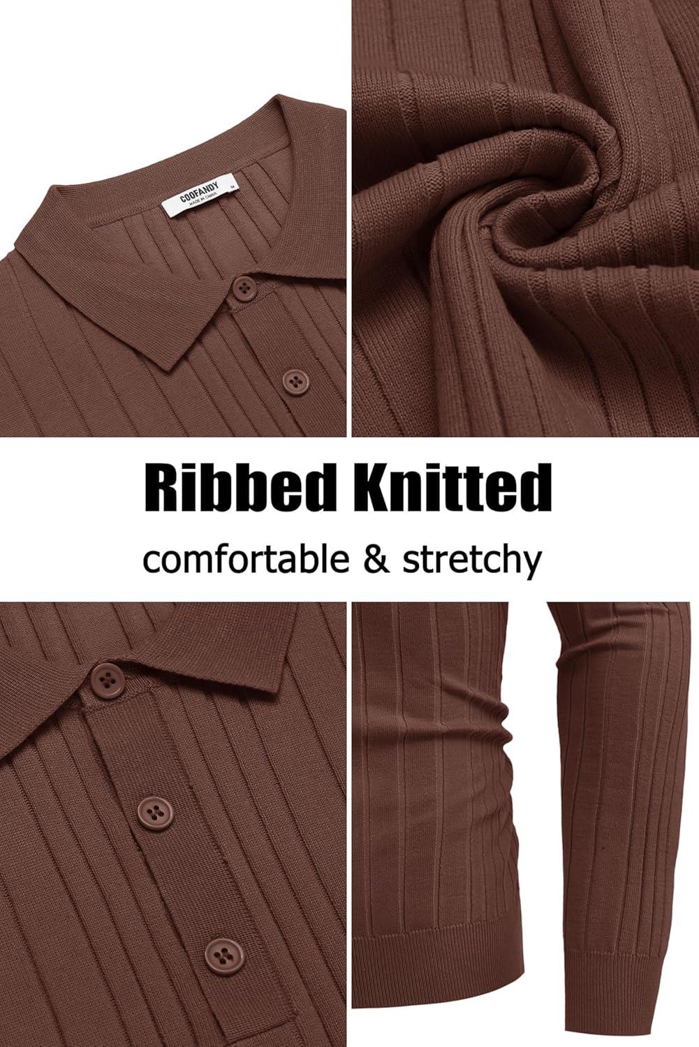 imageCOOFANDY Mens Knit Polo Shirts Long Sleeve Casual Button Down Ribbed Polo Shirt Fashion Golf ShirtsBrown