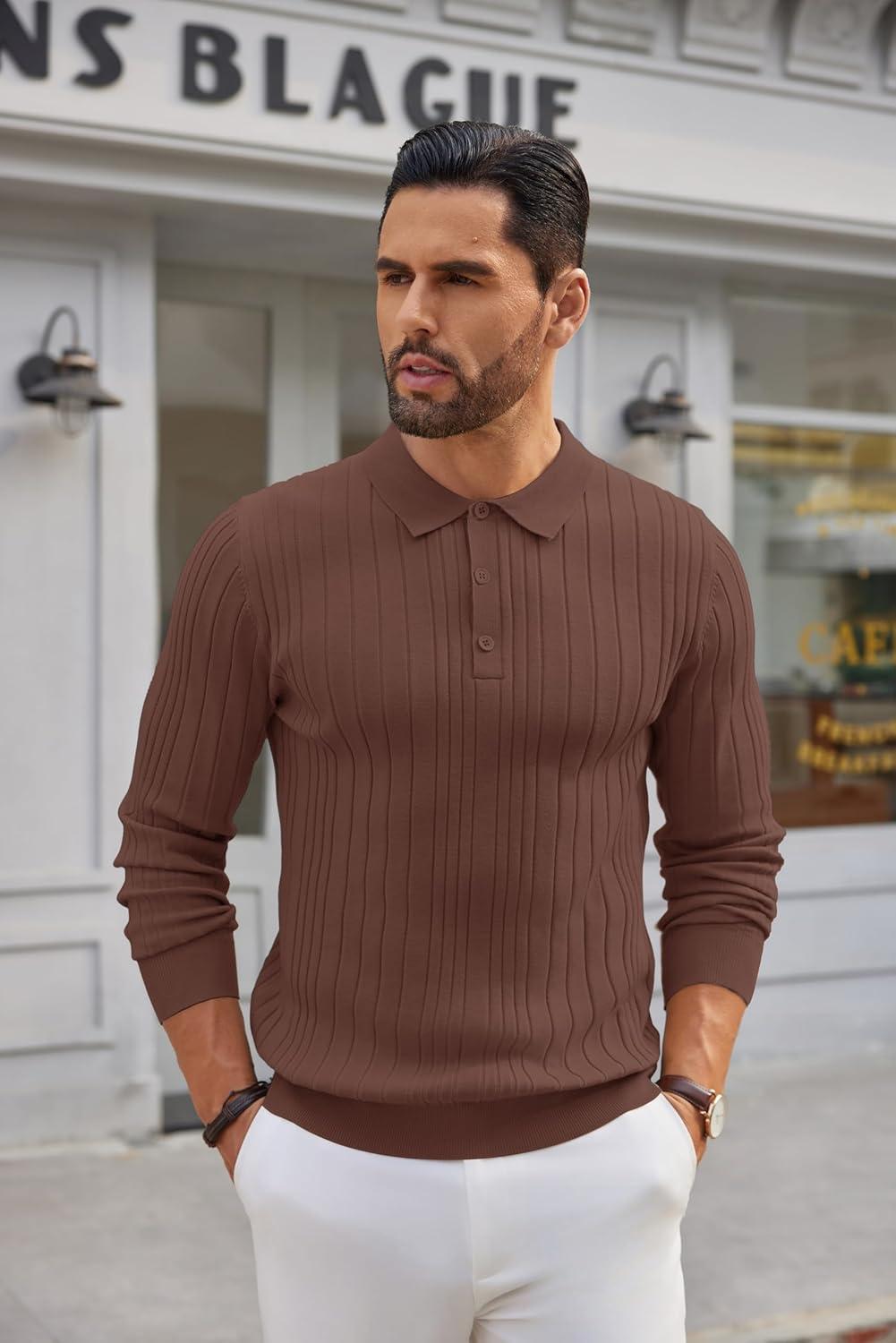 imageCOOFANDY Mens Knit Polo Shirts Long Sleeve Casual Button Down Ribbed Polo Shirt Fashion Golf ShirtsBrown