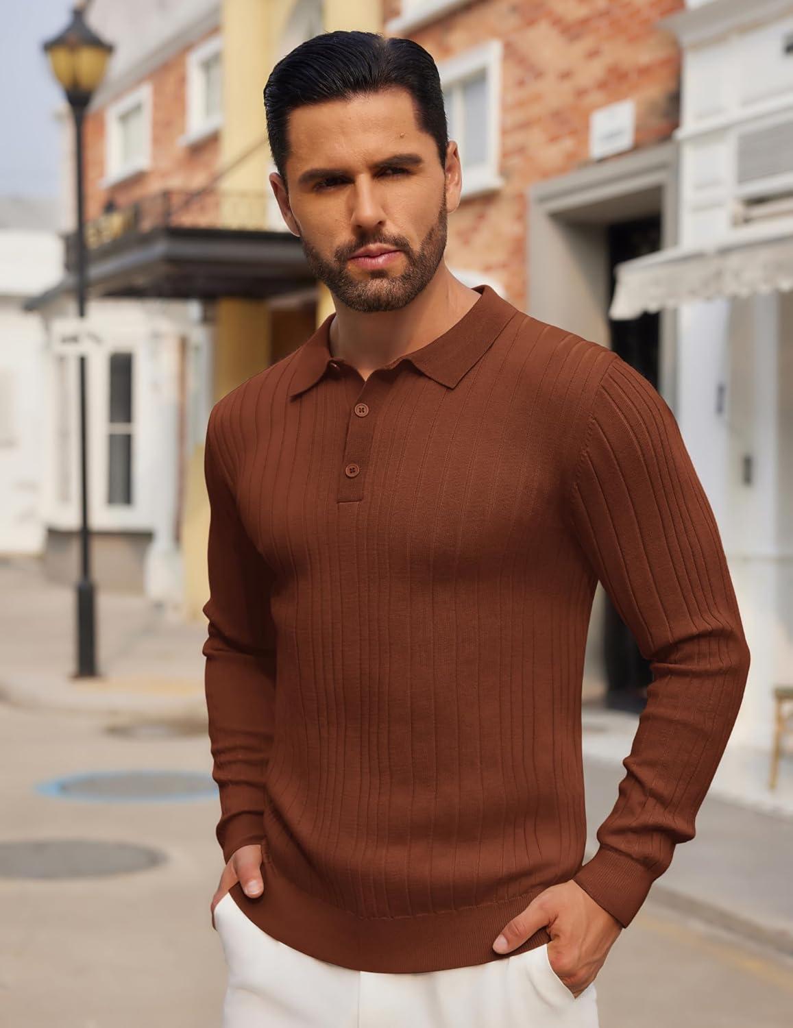 imageCOOFANDY Mens Knit Polo Shirts Long Sleeve Casual Button Down Ribbed Polo Shirt Fashion Golf ShirtsCaramel