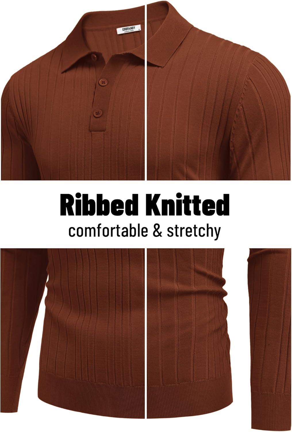 imageCOOFANDY Mens Knit Polo Shirts Long Sleeve Casual Button Down Ribbed Polo Shirt Fashion Golf ShirtsCaramel
