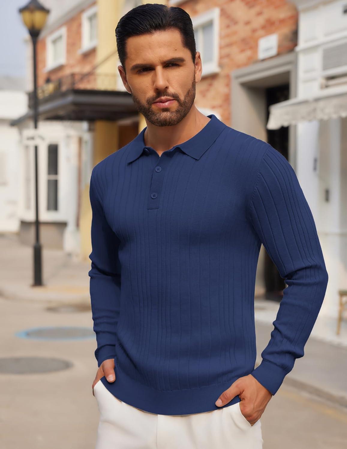imageCOOFANDY Mens Knit Polo Shirts Long Sleeve Casual Button Down Ribbed Polo Shirt Fashion Golf ShirtsDeep Blue