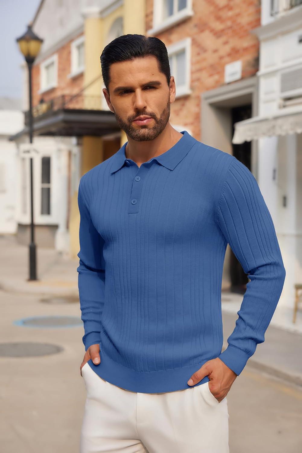 imageCOOFANDY Mens Knit Polo Shirts Long Sleeve Casual Button Down Ribbed Polo Shirt Fashion Golf ShirtsDenim Blue