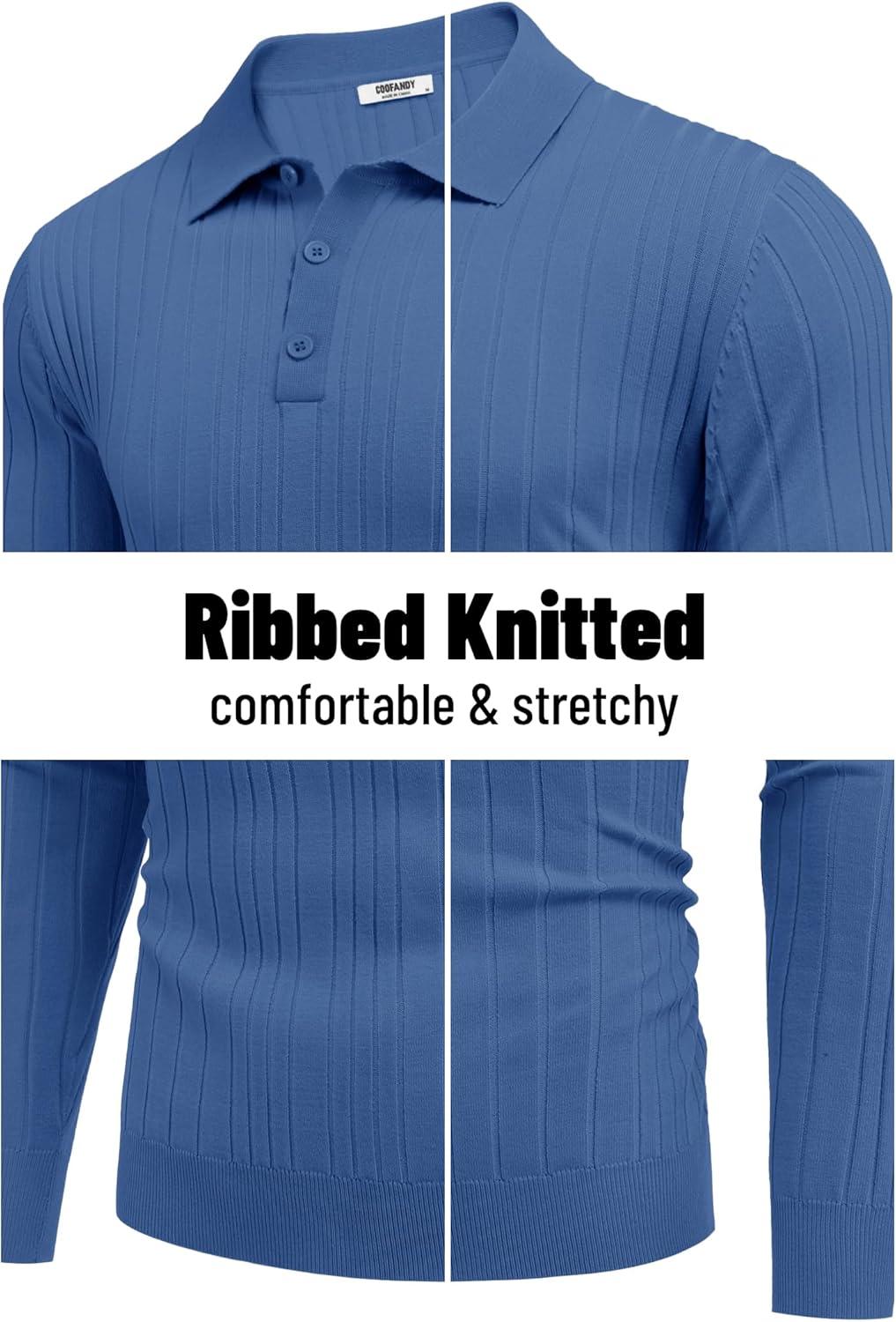 imageCOOFANDY Mens Knit Polo Shirts Long Sleeve Casual Button Down Ribbed Polo Shirt Fashion Golf ShirtsDenim Blue