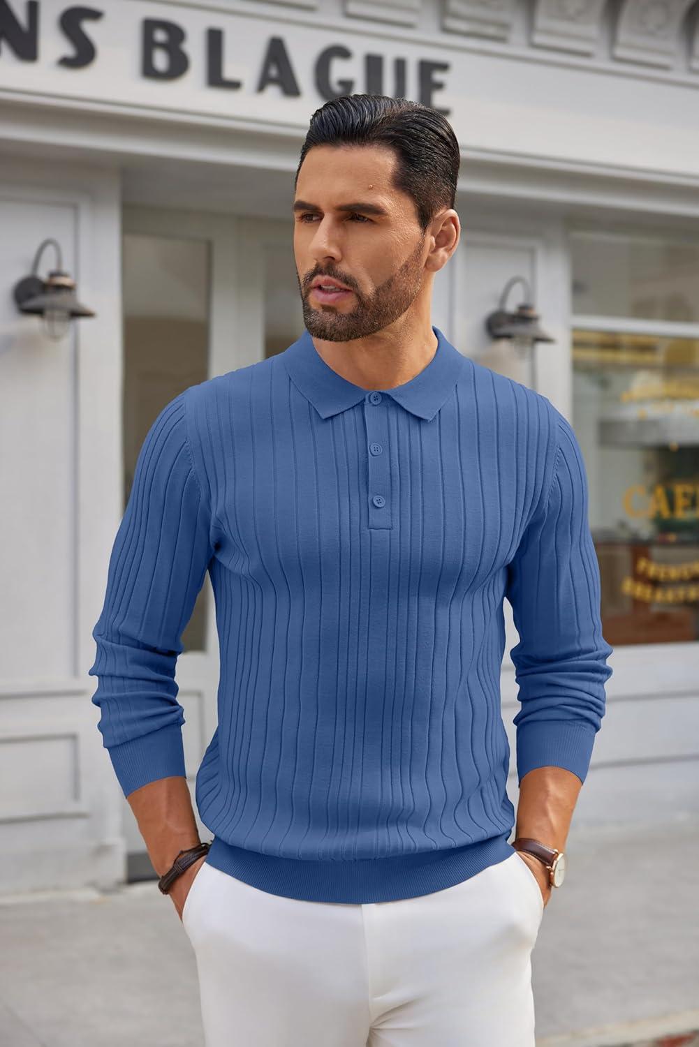 imageCOOFANDY Mens Knit Polo Shirts Long Sleeve Casual Button Down Ribbed Polo Shirt Fashion Golf ShirtsDenim Blue