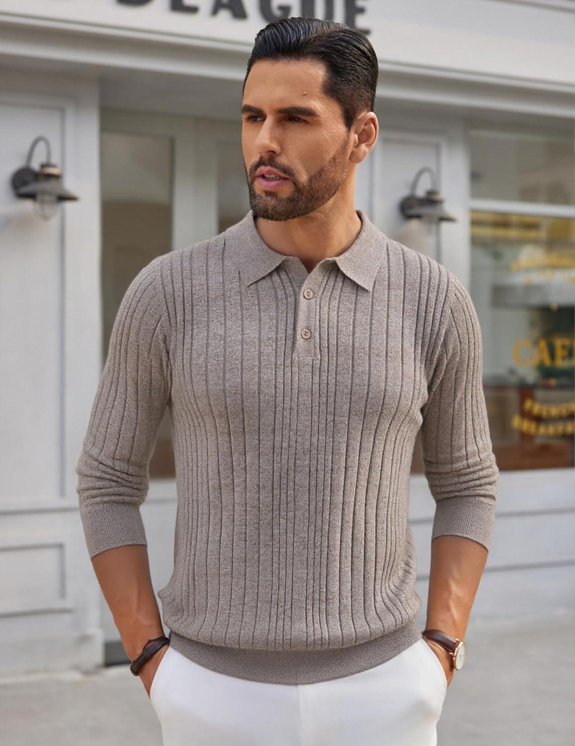 imageCOOFANDY Mens Knit Polo Shirts Long Sleeve Casual Button Down Ribbed Polo Shirt Fashion Golf ShirtsFantasy Brown