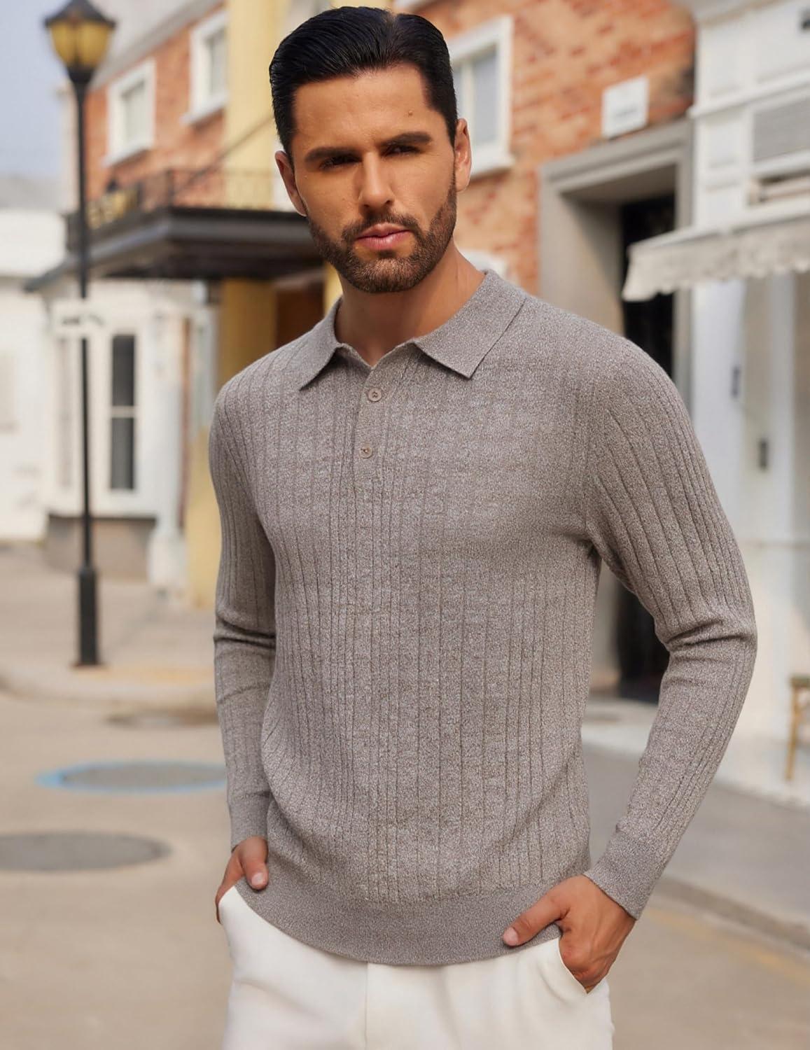 imageCOOFANDY Mens Knit Polo Shirts Long Sleeve Casual Button Down Ribbed Polo Shirt Fashion Golf ShirtsFantasy Brown