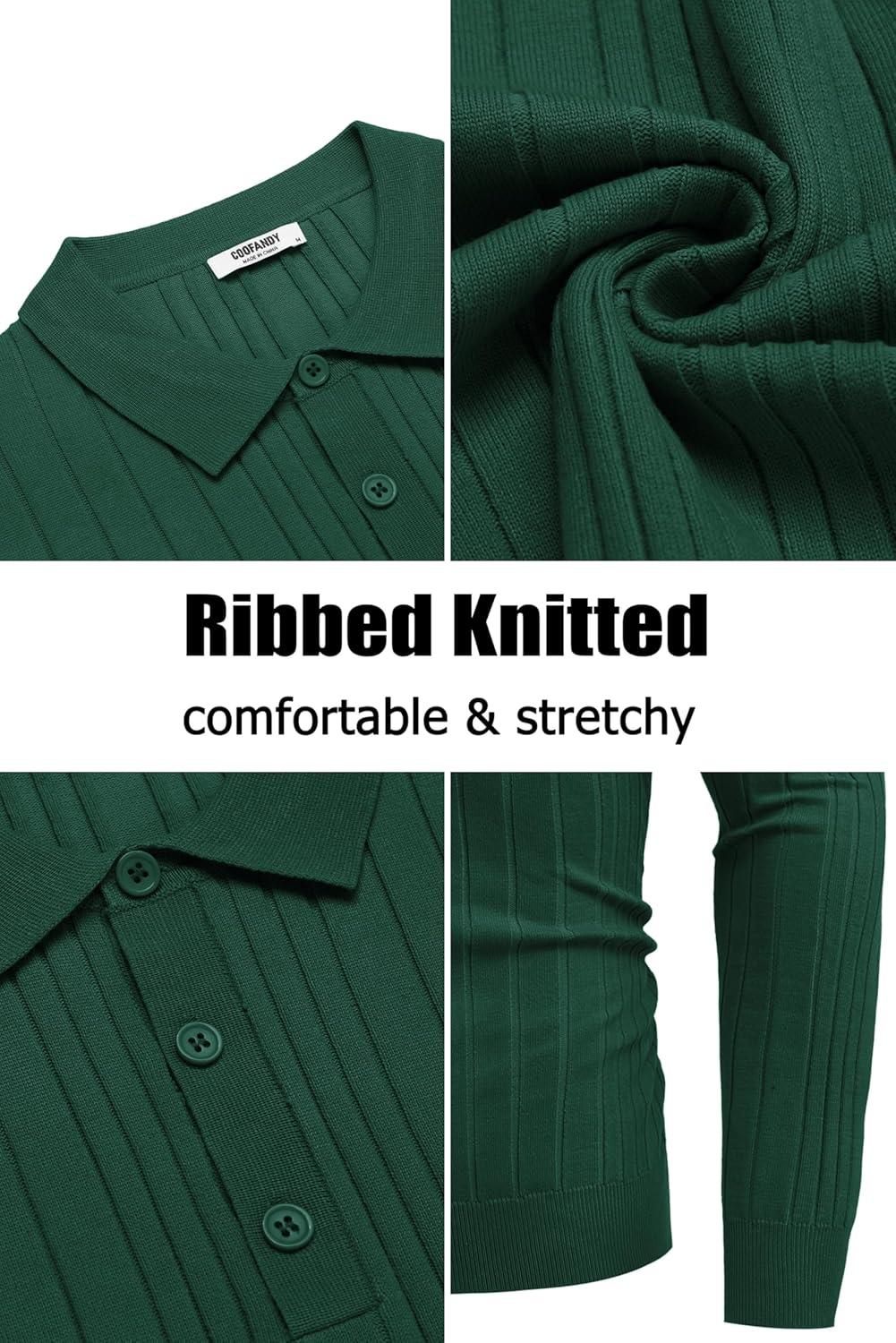 imageCOOFANDY Mens Knit Polo Shirts Long Sleeve Casual Button Down Ribbed Polo Shirt Fashion Golf ShirtsGreen