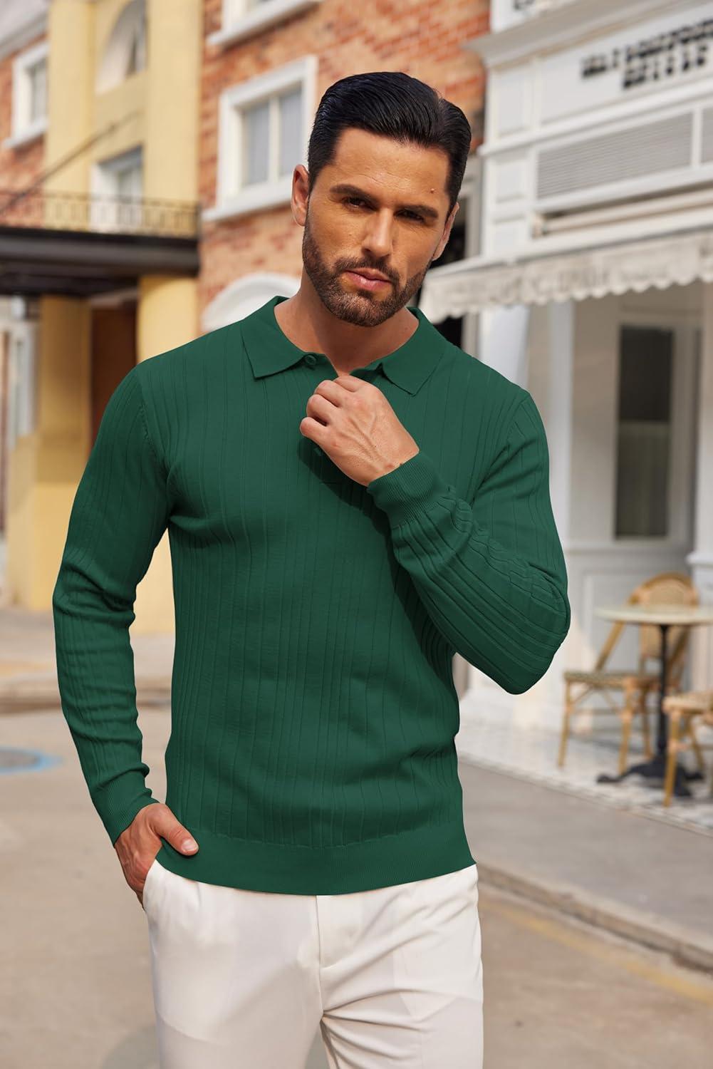 imageCOOFANDY Mens Knit Polo Shirts Long Sleeve Casual Button Down Ribbed Polo Shirt Fashion Golf ShirtsGreen