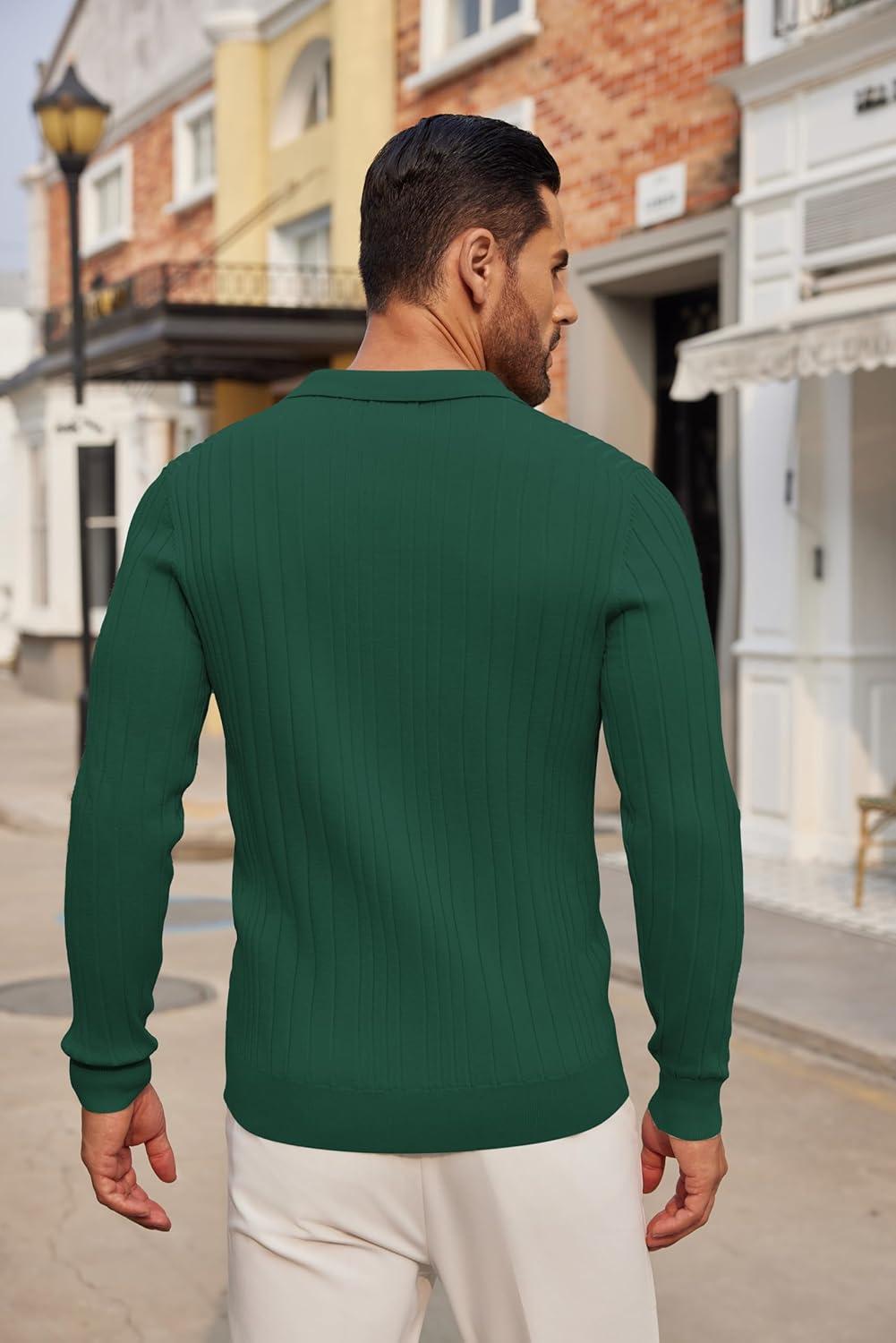 imageCOOFANDY Mens Knit Polo Shirts Long Sleeve Casual Button Down Ribbed Polo Shirt Fashion Golf ShirtsGreen