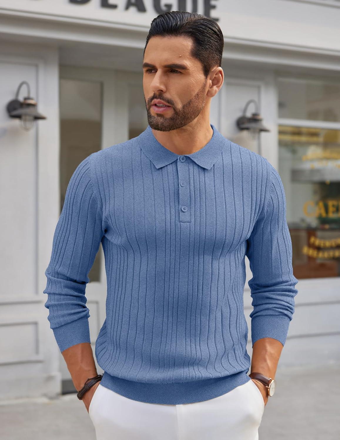 imageCOOFANDY Mens Knit Polo Shirts Long Sleeve Casual Button Down Ribbed Polo Shirt Fashion Golf ShirtsLight Blue