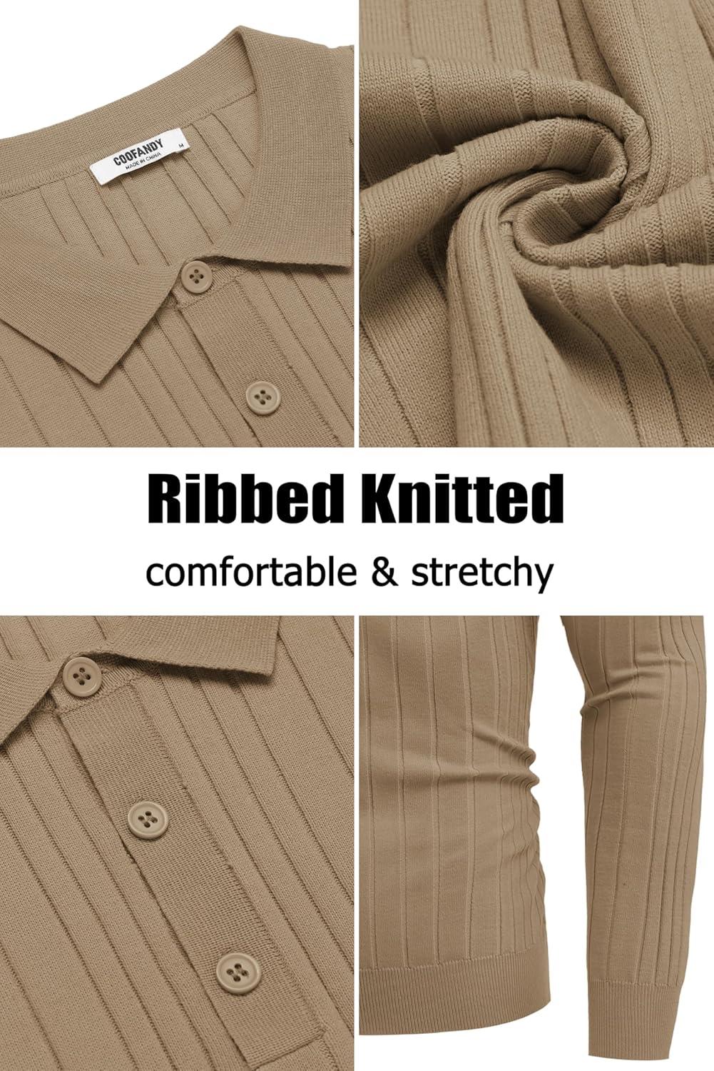 imageCOOFANDY Mens Knit Polo Shirts Long Sleeve Casual Button Down Ribbed Polo Shirt Fashion Golf ShirtsLight Brown