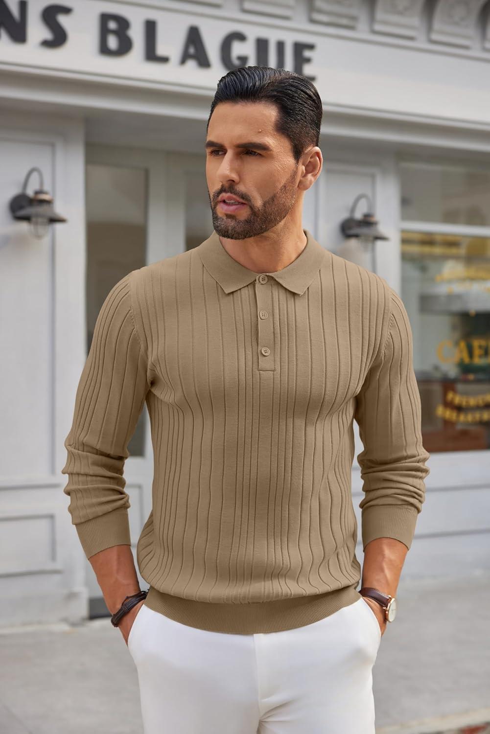 imageCOOFANDY Mens Knit Polo Shirts Long Sleeve Casual Button Down Ribbed Polo Shirt Fashion Golf ShirtsLight Brown
