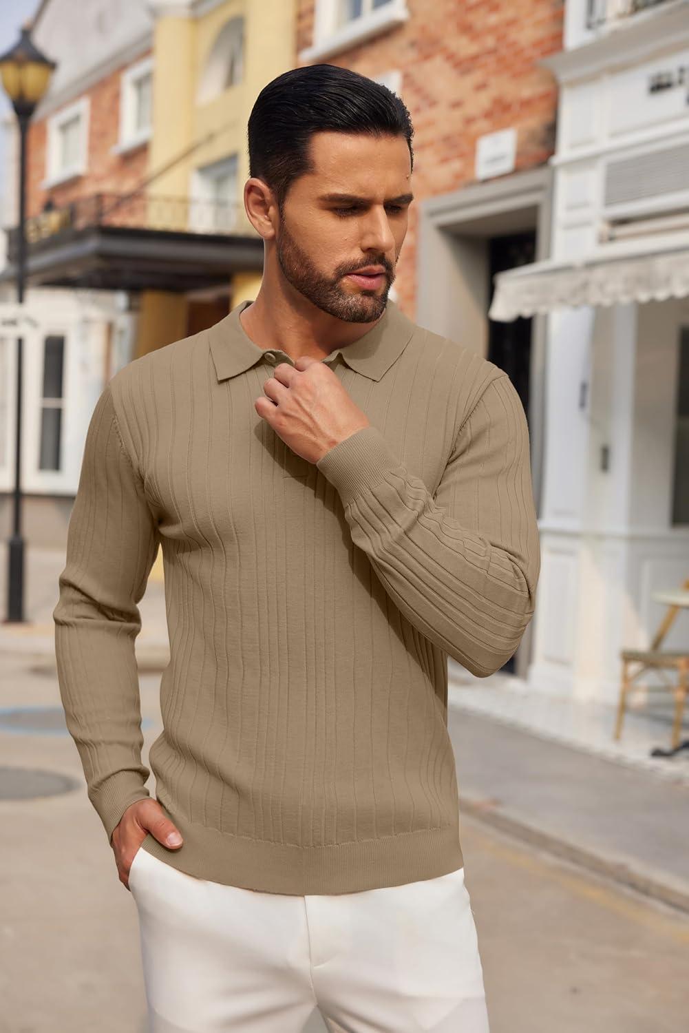 imageCOOFANDY Mens Knit Polo Shirts Long Sleeve Casual Button Down Ribbed Polo Shirt Fashion Golf ShirtsLight Brown